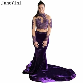 JaneVini Сексуално африкански рокля с дълъг ръкав в лилаво за бала от две части с висока врата и апликации, расшитое пайети бархатное рокля на Русалка за бала за черни момичета
