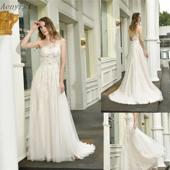 Aenyrst 2024 Женски прекрасни секси дантелено сватбена рокля трапецовидна форма с едно рамо Illusion Bridal Dress.