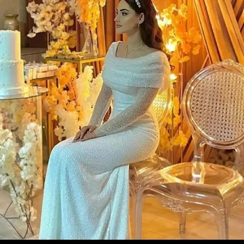 Романтични бели рокли за абитуриентски бал с кръгло деколте и дълги ръкави, бродирани с мъниста, русалка, дължина до пода, Саудитски Арабски вечерни рокли, официални тоалети