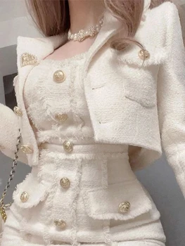 Елегантен женски комплект от 2 теми, сексуална дебнещ мини рокля, съкратен сако с дълъг ръкав, Дамски комплекти 2024, Пролетни Френски непреработени дамски комплекти