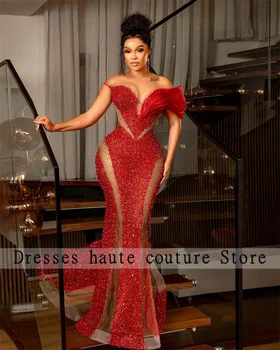 Секси Червена Илюзия, Вечерни рокли на Русалка от мъниста 2023, Африканските Елегантна Женствена рокля за абитуриентски бал с отворени рамене, Празнична рокля Aso Ebi