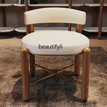 Лесен луксозен малък стол от масивно дърво в италиански стил, модерен минималистичен домашен маса с облегалка от кожа и дизайнерски стол