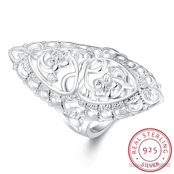 Сребро 925 проба, Оригинален дизайн с кухи цветя модел Широко пръстен на пръста с фианитами за жени Изискани бижута BSR333