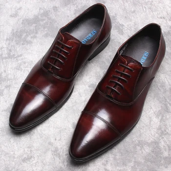 Канелено-черни мъжки нови бизнес модела обувки, официално облекло, обувки от естествена кожа, мъжки oxfords ръчно изработени от дантела, мъжки обувки-оксфорд