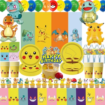 Украса за парти в чест на рождения ден на тема Pokemon, Банер с Пикачу, балон, Набор от прибори за хранене, покривки за маси, Детски душ, Детски парти, Играчката 