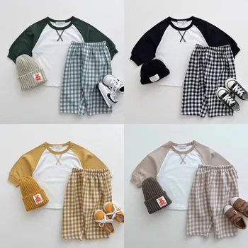 Есента Нов комплект дрехи с дълъг ръкав за малки момичета, тениски с бродерия на буквата X + Проверени панталони, костюм от 2 теми за малките момчета