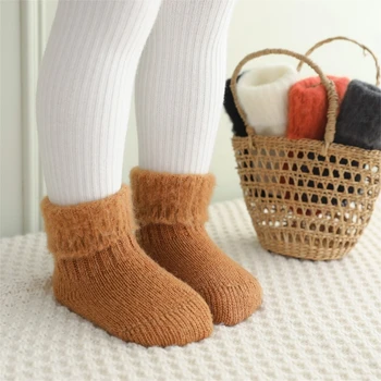 1 Чифт нескользящих вълнени чорапи, обикновен детски чорапи до щиколоток, меки и дишащи Топли чорапи за деца 0-5 години