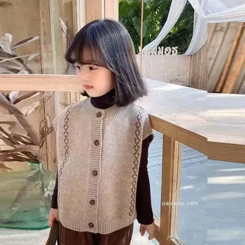 Детски вълнени жилетки за момичета 2023 Пролет и есен Нова вязаный жилетка в Корейски стил за момчета Модерен жилетка за деца Модни дрехи
