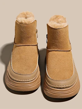 Дамски кожени обувки, австралийските ботуши на плоския токчета, дамски зимни обувки с кръгло бомбе, изолирана от щиколотку, ниски зимни дамски обувки 2023
