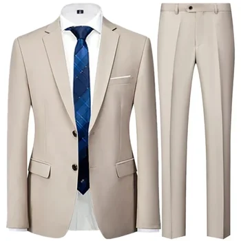 Модерен мъжки ежедневни бизнес костюм, палто, панталони, комплект от 2 теми / Мъжки обикновена сватба блейзери на две копчета, яке, рокля, панталони