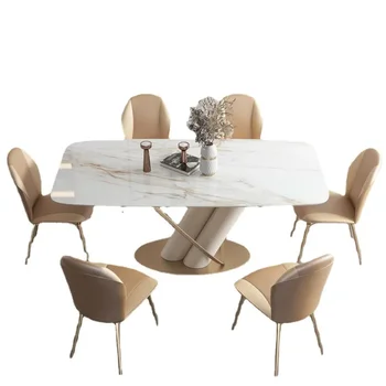 Модерен и изтънчен дизайн, маса за хранене, на крака от неръждаема стомана, мрамор шестиместный маса с кожена маса за стол