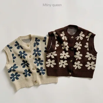 Есен-Зима, 1-6 години, вязаный жилетка за малки момичета, вязаный жилетка без ръкави с цветен печат, жилетка, детски пуловер, палто, детски дрехи