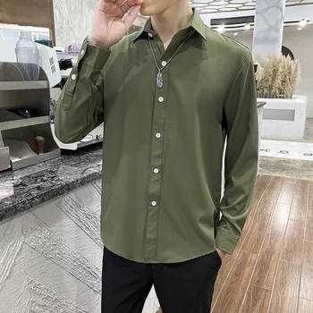Нова мода Прохладното Лято Бял Armygreen Ежедневни Тънки Ризи за Мъже С Дълги ръкави Марка Дрехи Риза S-3XL Camisas ал Hombre
