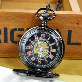 Луксозни механични джобни часовници в стил steampunk за мъже и жени с черна златен скелетните циферблат, ключодържател-верига, часовници-окачване подарък за събиране