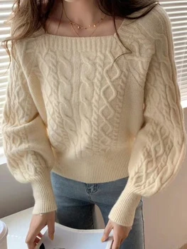 Вязаный пуловер, женски Корейски модерен пуловер, женски есенно-зимна жилетка с квадратна яка, Дамски Елегантни, Меки универсални пуловери