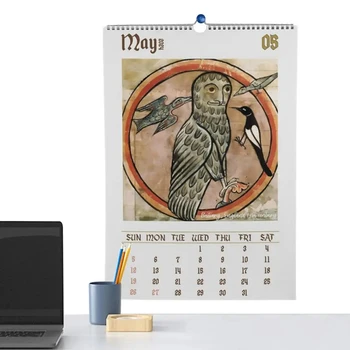Стенен календар в 2024 година Dargon нова година Окачен календар на 2024 година, плановик на 12 месеца, картини с птици в подарък