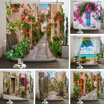 Селски Идиличен Цветя, Европейският Градина, Завеса за душ, баня, Водонепропусклива завеса за баня с 3D-принтом, 12 куки, Полиестерен плат