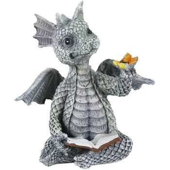 Книга за четене, Малка Скулптура на дракон Хубава книга за четене Статуи на дракони от смола Градински фигури на Дракони, Артистична декорация Подарък за тревата
