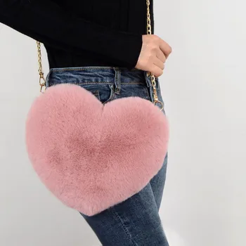 Модни дамски чанти във формата на сърце Сладки кавайные чанта през рамо от изкуствена кожа Портфейла в Чантата си Плюшен чанта от веригата на Женската чанта