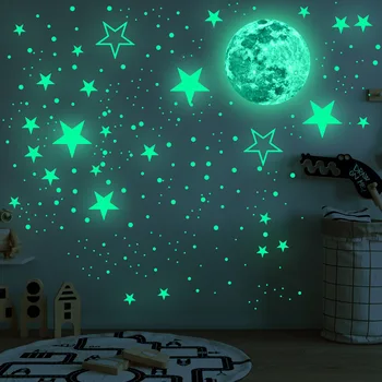 Самозалепващи флуоресцентни етикети Нощно сияние на Луната Светят Звезди Декорация на стени, детски стаи Креативни стикери за стени със собствените си ръце