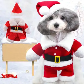 Коледно облекло за домашни любимци, костюм на куче, Дядо Коледа, зимно палто за малки кученца, яке, рокля с кепкой, топли дрехи, cosplay за кучета и котки