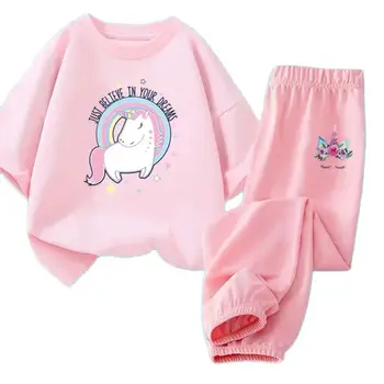 Годишно момиче, Нов комплект дрехи с анимационни розови единорогом, памучен тениска с къс ръкав и дълги панталони, 2 броя, модни тоалети от 3 до 14 години