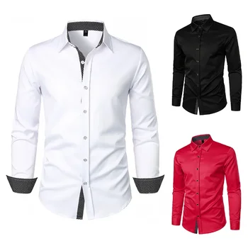 Мъжка риза Regular Fit, ризи с копчета и дълъг ръкав за мъже, мъжка риза с ревери голям размер, Черно-бяла риза