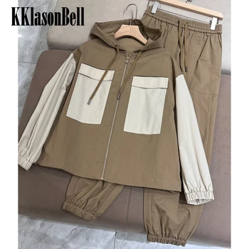 1.15 KKlasonBell Случаен комплект от 2 теми, свободна яке с цип в контрастен цвят, с капак и спортни штанами, дамски