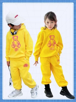 Спортни костюми с качулка и флисом жълт цвят с принтом на есенния мечка За момчета и момичета Lab Сиси
