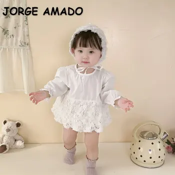 Пролетен детски дрехи в Корейски стил, боди за момиченца с дълъг ръкав и кръгло воротом, Бял гащеризон, Детски връхни облекла, Дрехи за рожден Ден E6813