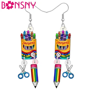 BONSNY Акрилни комплекти разноцветни химикалки, обеци с висулки, новост, бижута за жени, момичета, учители, талисмани за училище, подаръци