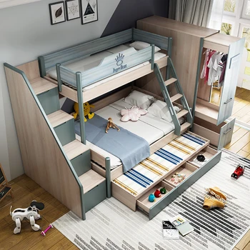 Скандинавска легло от масивна дървесина, бебешко легло, за момчета и момичета, многофункционална комбинация от високо и ниско двуетажно легло, легло за майката
