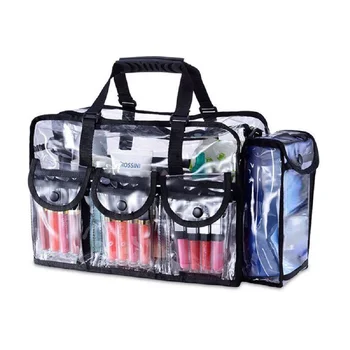 Прозрачен водоустойчив косметичка от PVC с 4 външни джоба, органайзер за козметика голям капацитет, чанта за съхранение, Прозрачна чанта