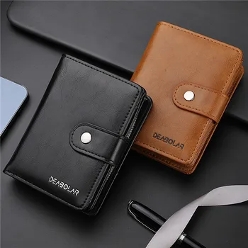 Нов мъжки портфейл, в ретро стил с къс многофункционален лична карта, собственик на кредитната карта, стилен чантата с цип в три гънки