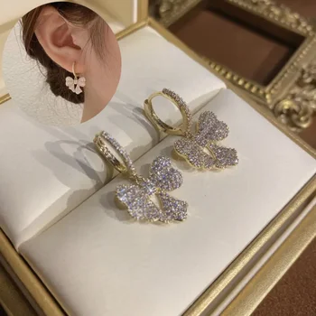 1 чифт леки луксозни обеци с бантиком, Нежни обеци с пълна диамант, Циркон, Златни обеци с покритие покритие за момичета, обеци