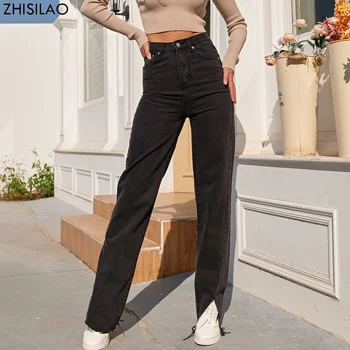 ZHISILAO Нови Черни прави дънки За жени с разрезной вилица за гадже, широки дънкови панталони, градинска облекло 2021, дънки за майките с висока талия