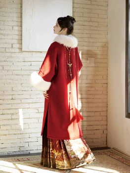 Облекло за китайската Нова година на Червено палто с бродерия Елементи на модата Han Женски есенно-зимния рокля за наздравици Вечерна рокля Hanfu