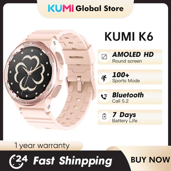 Умен часовник KUMI K6 с 1.3-инчов Amoled екран Bluetooth 5,2 100 + Спортен наблюдение на сърдечната честота, Кръвно налягане на Кислород Монитор NFC IP68 Водоустойчив
