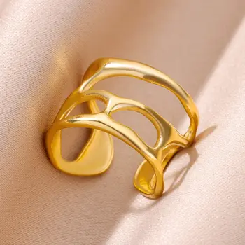 Кухи Широки пръстени За жени, мъже, Златен цвят, Отворен пръстен от неръждаема стомана, дамски, мъжки украса за партита, тенденция 2023, Безплатна Доставка