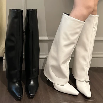 Западна дамски обувки Модерен дамски ботильоны до коляното шило Тенденция 2023 година Ботуши с остри пръсти, Есенен дамски обувки