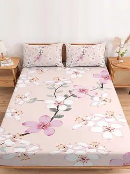 Цъфтят праскова, розово, чаршаф хипита, Еластична лента, противоскользящий матрак цилиндър за единично легло, двойно легло King-Size