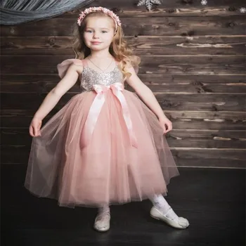 Рокля с цветя модел за момичета, Елегантна рокля от розов тюл без ръкави, пищни принцеса рокля за момиченце за сватба, рожден Ден, парти, първо причастие