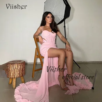 Вечерни рокли Viisher от розов шифон 