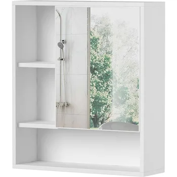 Огледален шкаф за баня комплект с една като и регулируеми рафта, над тоалетна Шкаф за съхранение, спестяващ място,
