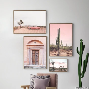 Плакат със снимка розова пустинята, щампи кактуси, художественото оформление на югозападната стена, Сканди, Бохемски интериор върху платно