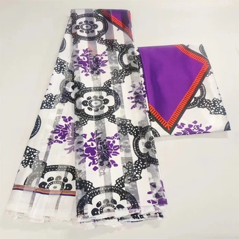 Африканска коприна восъчен плат за жени, лента с принтом в нигерия стил, Сатен, коприна-органза, 3 + 3 ярд