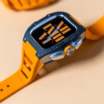 Комплект Промяна От Въглеродни Влакна За Apple Watch 9 8 7 45 мм Луксозен Калъф министерството на отбраната Kit Фторопластовый Каишка Iwatch 6 SE 5 4 44 мм Гривна
