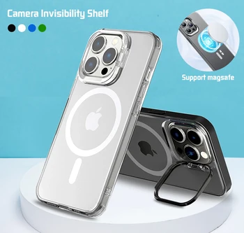 Магнитен матов калъф-скоба за телефон Iphone 12 13 14 Pro Max Plus със защита на обектива, стойка за рамка, прозрачен калъф за Magsafe