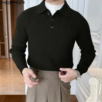 Ежедневни блузи семпъл стил, INCERUN, мъжки модни обикновена шарена риза с висока яка, градинска дрехи, проста блуза с дълги ръкави S-5XL 2023