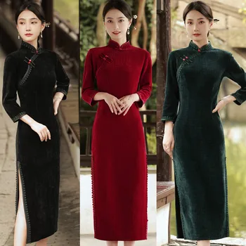 Традиционно китайското женско Дълго Ципао, есен-зима, Velvet Чонсам, Ретро Класически Яка-часова, Източна дрехи, Vestidos